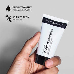 Hand holding Peptide Moisturizer with black text explaining how and when to use it. Amount to apply (a pea-sized amount) and when to apply (AM and PM)