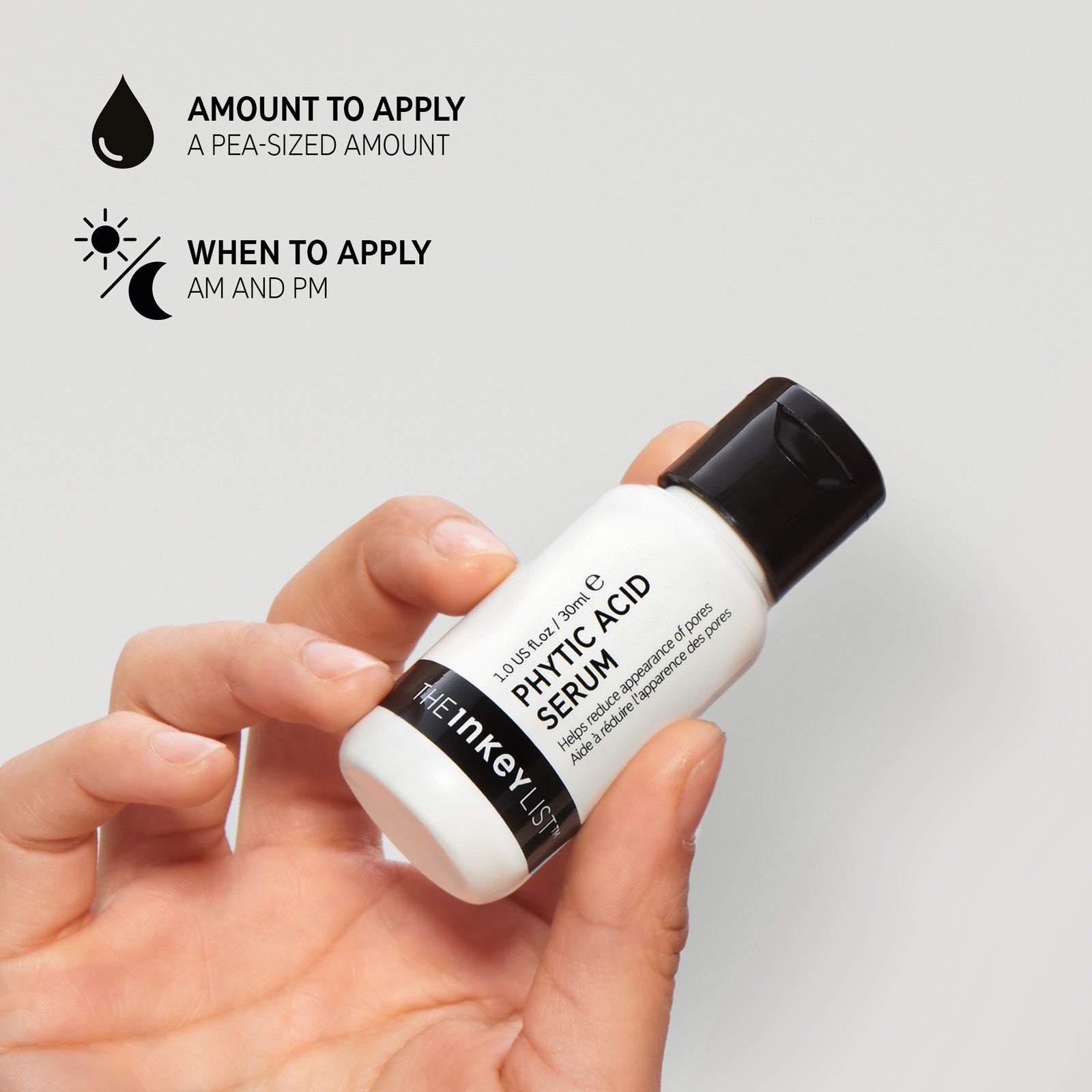 Phytic Acid Serum with text 'Amount to apply (pea-sized amount)' and 'When to apply (AM and PM)'