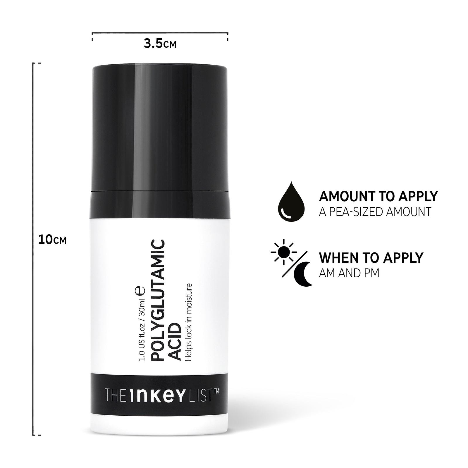 Polyglutamic Acid Serum with text overlay 'Amount to apply (pea-sized amount)' and 'When to apply (AM and PM)'