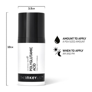 Hand holding a bottle of Polyglutamic Acid Serum against a white background, with black text annotations to explain how and when to use it with text that reads 'Amount to apply (pea-sized amount)' and 'When to apply (AM and PM)'