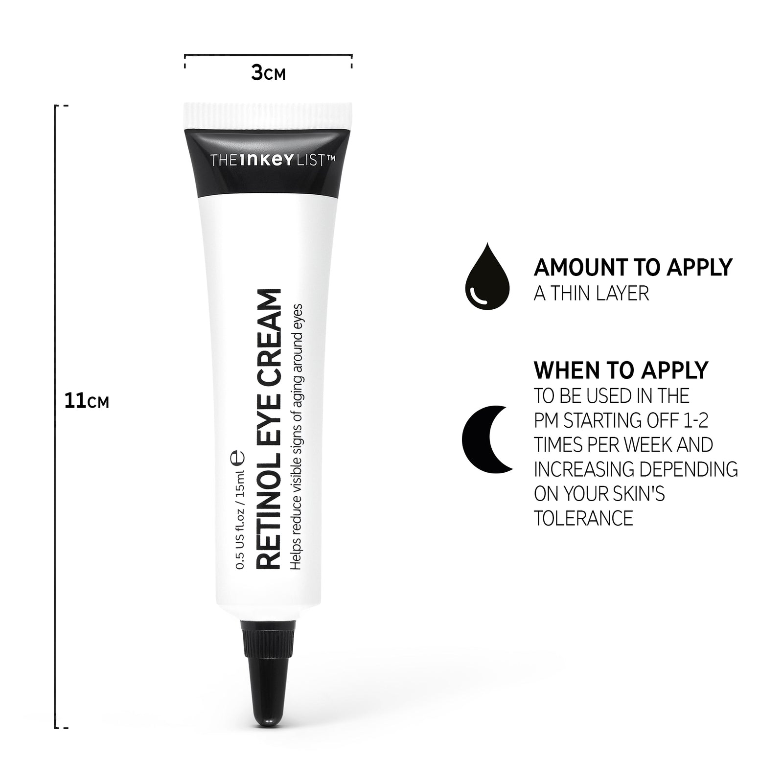 Retinol Eye Cream annotated with how and when to use it with text that reads 'Amount to apply (a thin layer)' and 'When to apply (PM)' 