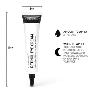 Retinol Eye Cream annotated with how and when to use it with text that reads 'Amount to apply (a thin layer)' and 'When to apply (PM)' 