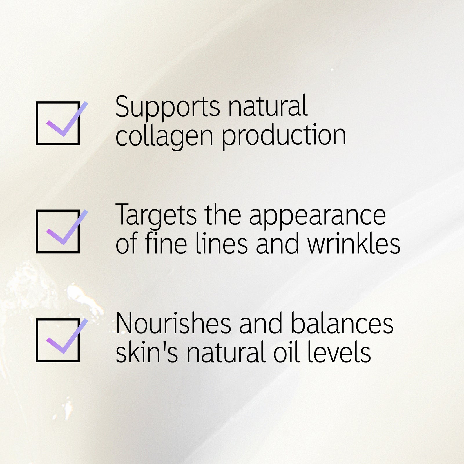 Skin Renewal Trio texture shot with text overlay listing the 3 main benefits
